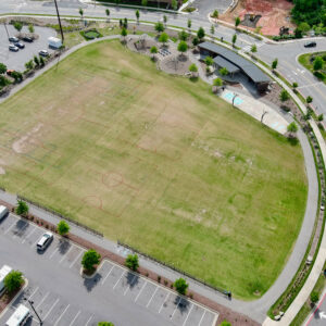 An aerial photograph looking down on sport fields at a park.