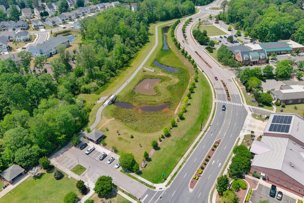 Drone image of Morrisville Town Center Core Wetland