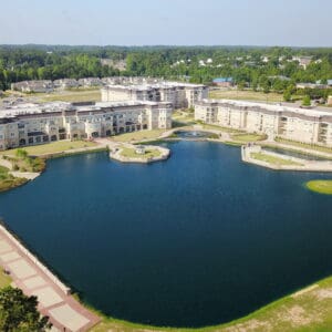 Aerial picture of pond at retirement center.