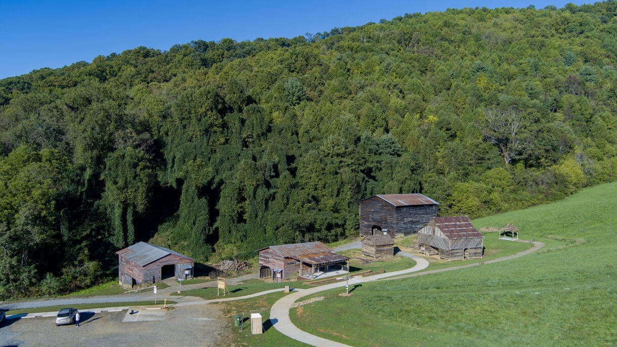 A drone image looking down on Smith Farm Park.