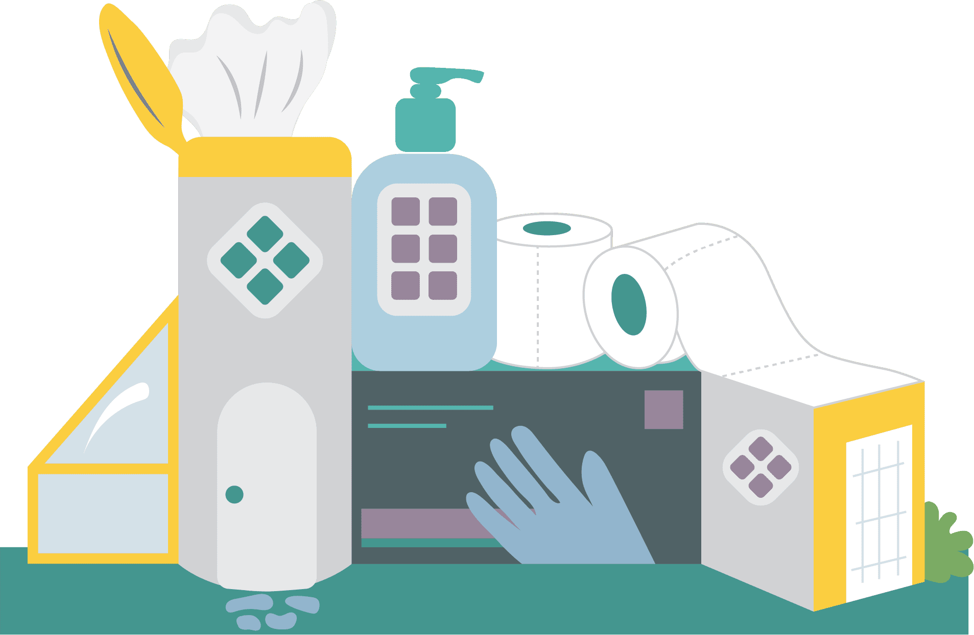 An illustration showing a house constructed of common household cleaning products like disenfecting wipes, gloves, hand sanitizer, and toilet paper