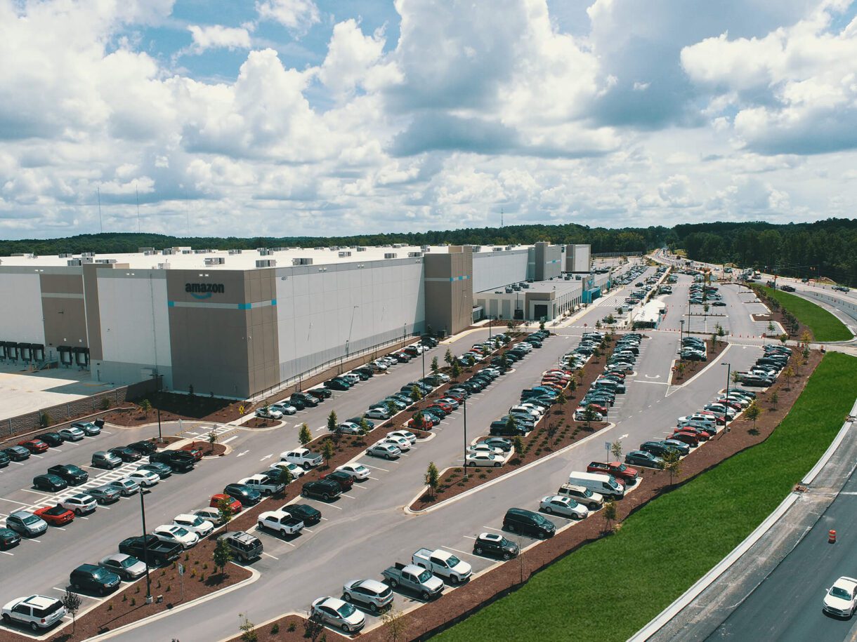 aerial view of a large Amazon warehouse