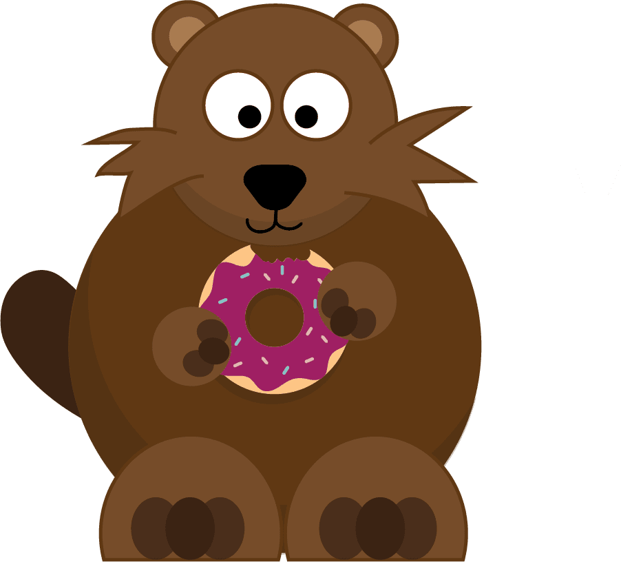An illustrated groundhog holding a donut decorated with raspberry frosting and colored sprinkles