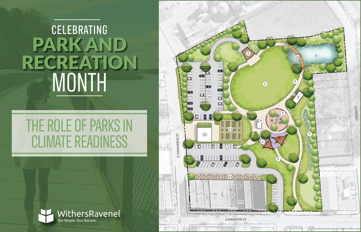 Graphic illustraing Park and Recreation Month and Climate Readiness with an image of plan rendering of Lewis Smith Property Master Plan in Whiteville, North Carolina