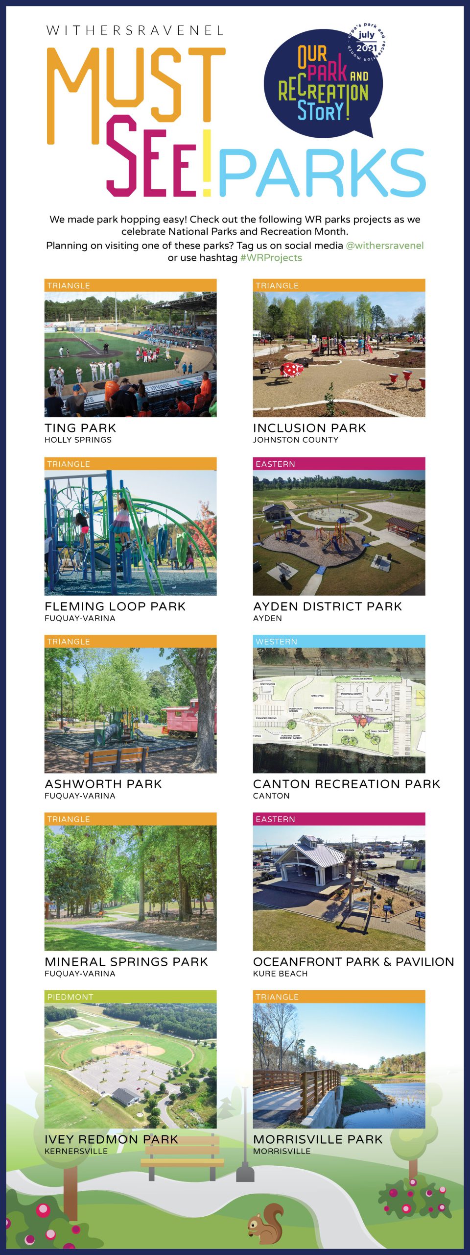 A poster of North Carolina park projects designed by WithersRavenel that people can visit during Park and Recreation Month