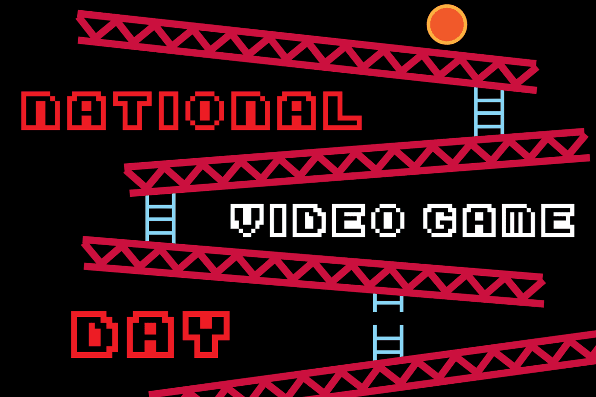 A National Video Game Day banner inspired by the level artwork from the orginal Donkey Kong game