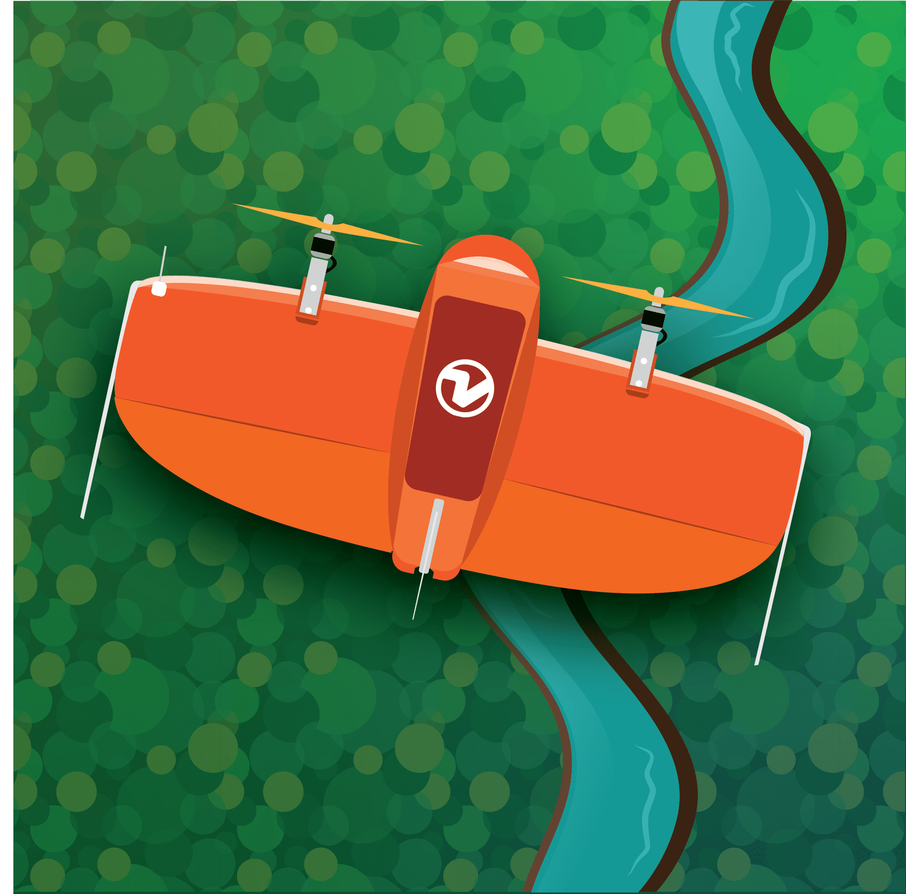 An illustration of the orange WingtraOne drone flying over an abstract landscape