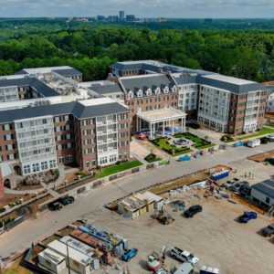 An aerial shot looking down on a recently constructed living facility.