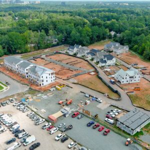 An aerial shot looking down on a recently constructed living facility.