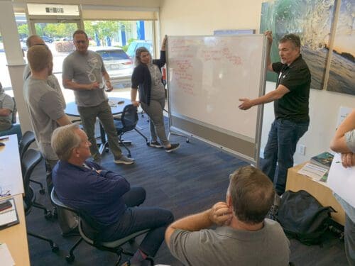 People gathered around a whiteboard