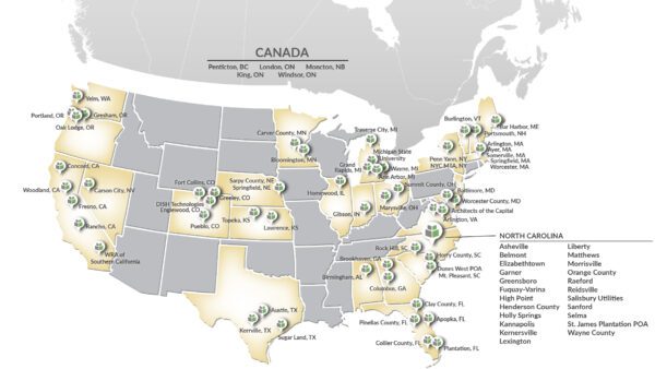 A map of the US and Canada with pushpins for the cities where WithersRavenel has asset management clients
