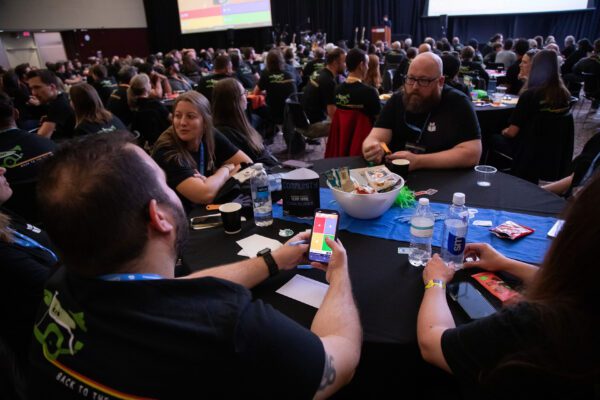 Employees using mobile phones as entry pads for trivia game