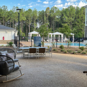 Outdoor patio area at a living facility.