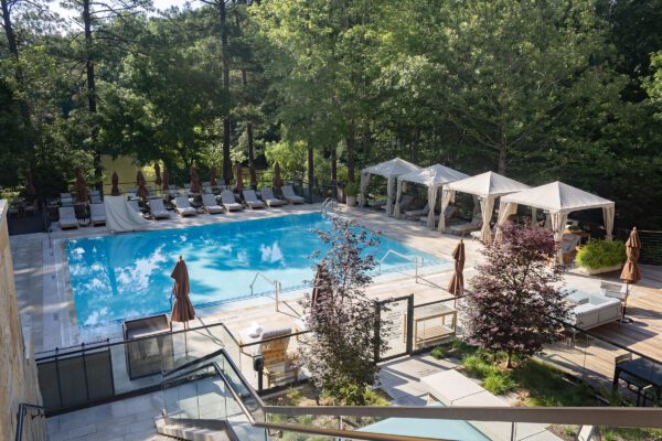 A pool deck at a resort.