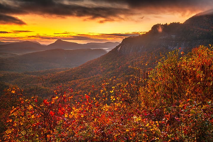 Whiteside Mountain in autumn at dawn in North Carolina, USA.
