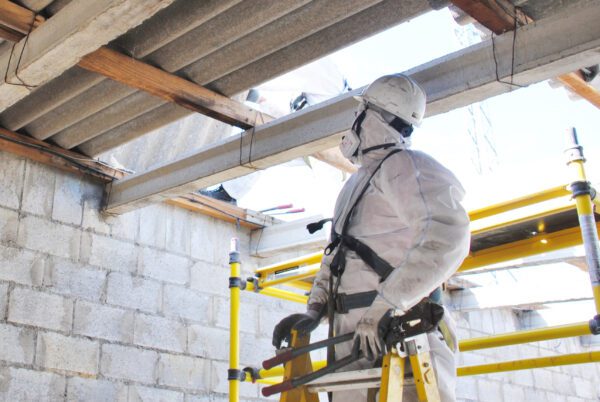 Hazmat worker investigating the structural integrity of a building.