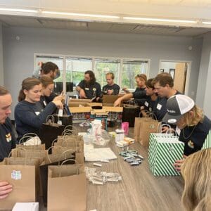 Staff members prepare gifts for first responders