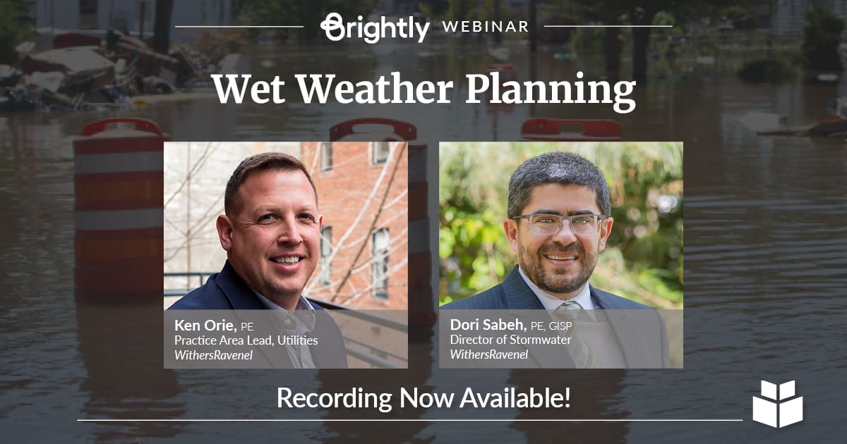 A graphic for a webinar titled "Wet Weather Planning." The graphic features two speakers and signifies that the recording is now available to watch.