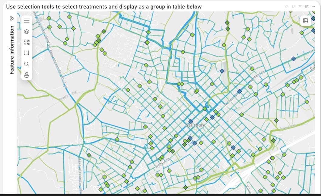 A map showing the water and sewer lines within a region.