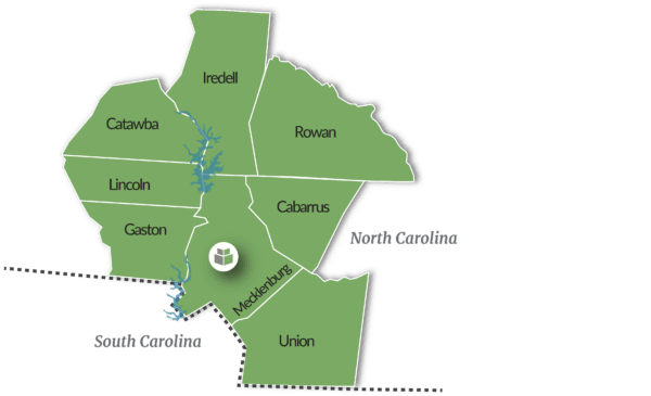 A map of the Charlotte area and surrounding counties.