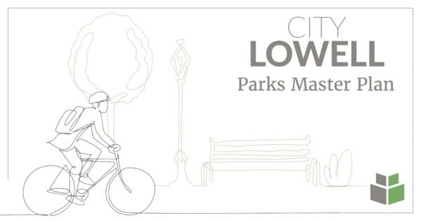 An image with animated style art, featuring bikes, benches, and park-related elements.
