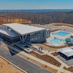 An aerial image captured from a drone showing Chatham Park YMCA.