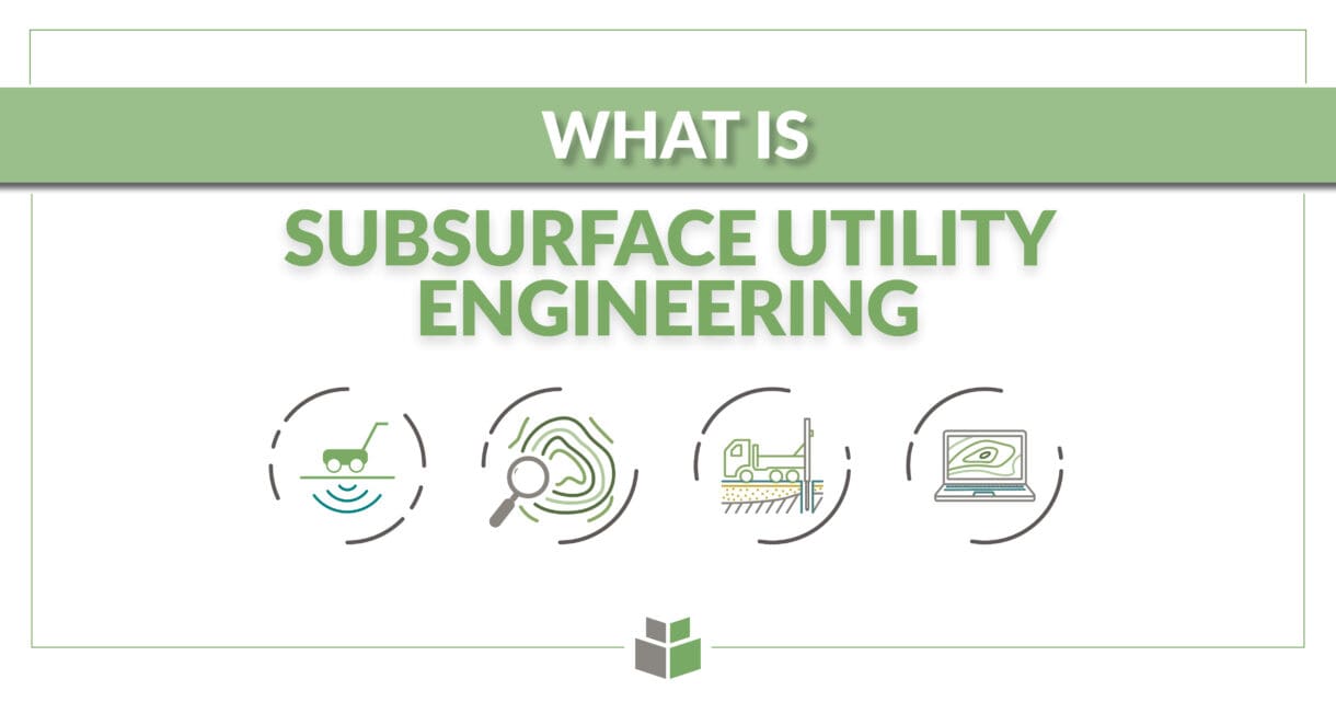 A graphic with the text "What is subsurface utility engineering" with icons related to SUE services.