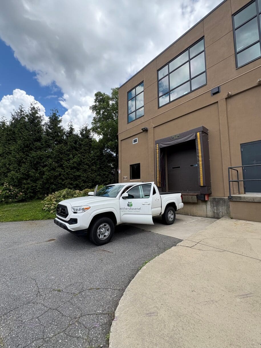A WithersRavenel truck in front of an office building in Asheville, North Carolina.