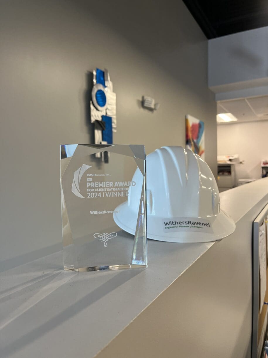 A picture of an award sitting next to a hard hat.