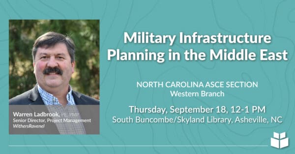 A speaker graphic to promote Warren Ladbrook ASCE Western NC Luncheon.