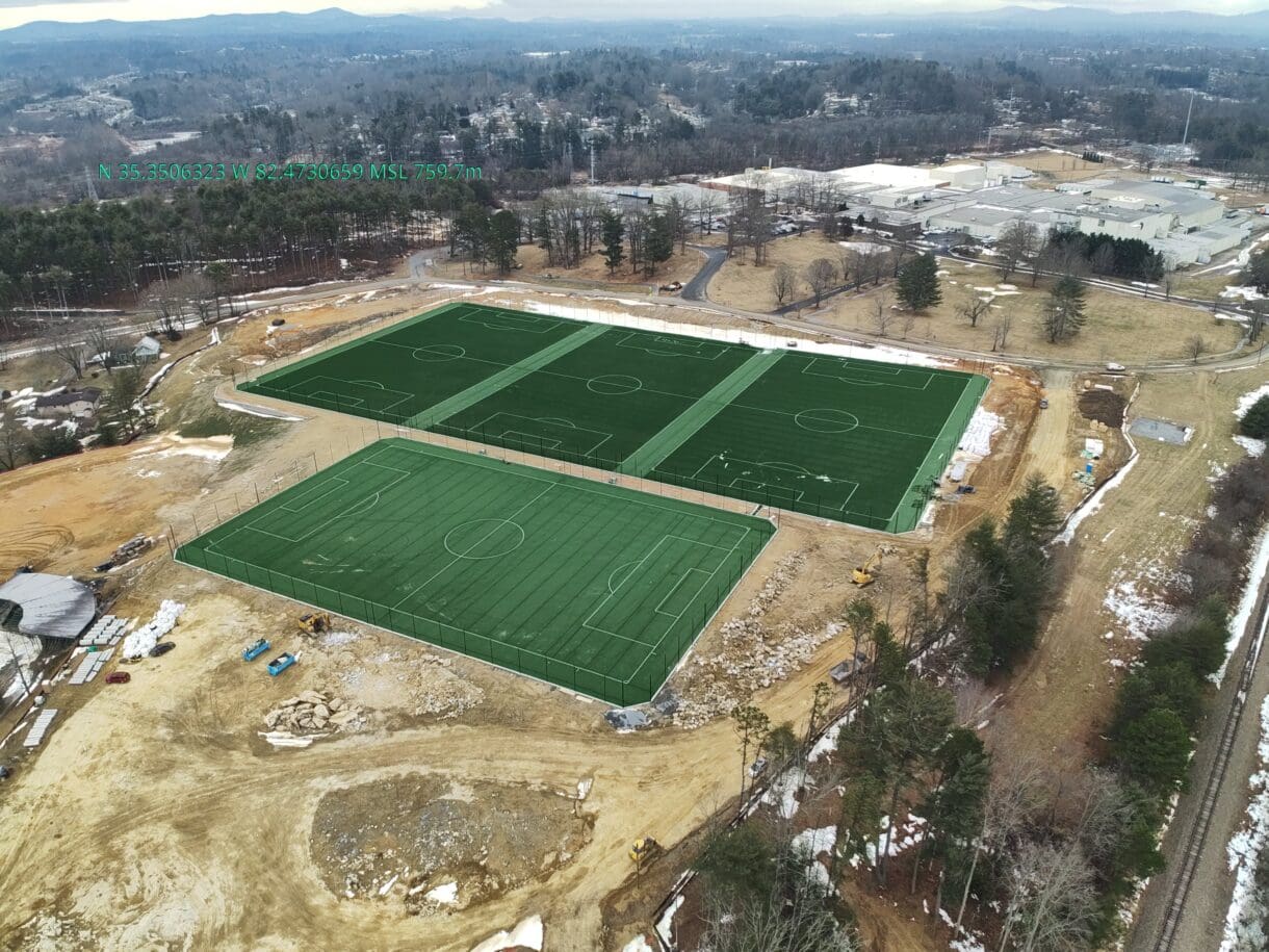 Drone images looking down on the construction of Henderson County Sports Complex.