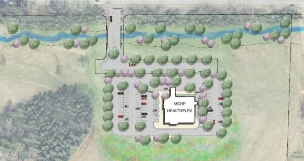 An aerial conceptual design looking down on the MCHP complex.