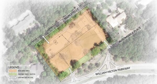 An aerial conceptual design looking down on the Novant Health site.