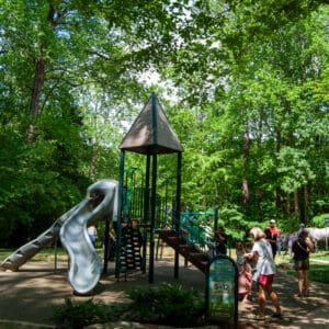 Children playing on playground equipment.