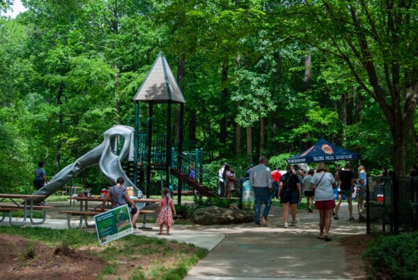 A playground in the distance covered by trees.