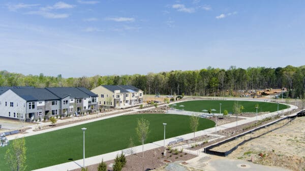 An aerial shot over looking a development village in North Carolina.