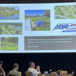 APWA-NC conference presentation slide announcing the Duffyfield Community Stormwater Enhancements as the Natural Systems Project of the Year.