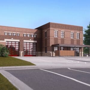 Architectural rendering of a two-story brick fire station with two red apparatus doors, a covered side entrance, parking, and landscaping.
