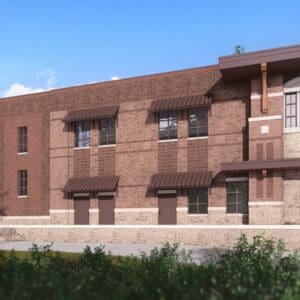 Architectural rendering of the long brick side elevation of Station No. 9, with rows of windows, a stone base, awnings, and landscaping.