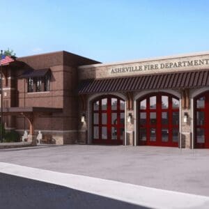 Architectural rendering of Asheville Oakley Fire Station No. 9 with three red apparatus bay doors, a brick and stone facade, and a covered entrance.