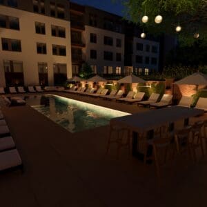 Architectural rendering of Avalon Downtown Cary's residential pool courtyard at night, featuring lounge seating, outdoor gathering spaces, decorative lighting, and landscaping.