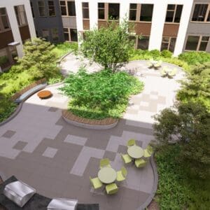 Landscape architecture rendering of Avalon Downtown Cary's interior courtyard, featuring paved walkways, landscaped planting beds, shade trees, and outdoor seating areas.