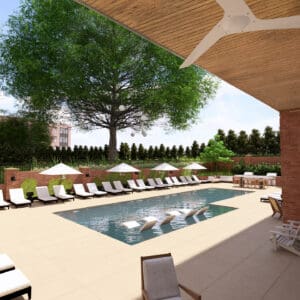 Rendering of Avalon Downtown Cary's residential pool courtyard, showing shaded seating, covered outdoor gathering areas, lounge chairs, and landscaped surroundings.