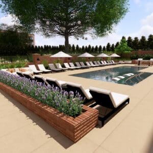 Architectural rendering of Avalon Downtown Cary's outdoor swimming pool and amenity deck, featuring lounge chairs, umbrellas, landscaped planters, and residential buildings.